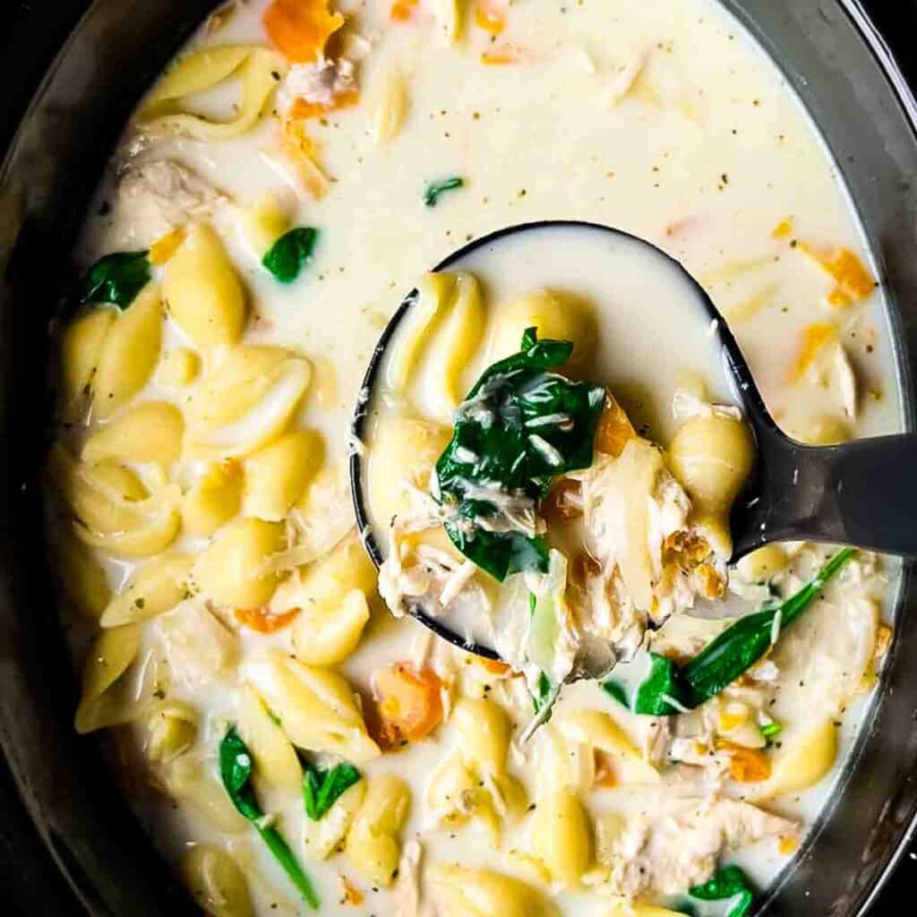 Easy Slow Cooker Creamy Chicken Soup with Pasta and Spinach