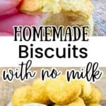 A hand holding a bite of biscuit with some margarine on it, and a plate of baking powder biscuits in the bottom picture.