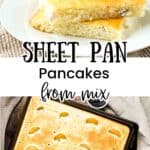 Sheet pan pancakes topped with sliced peaches and blueberries in a sheet pan and also cut in squares and placed on a white plate.