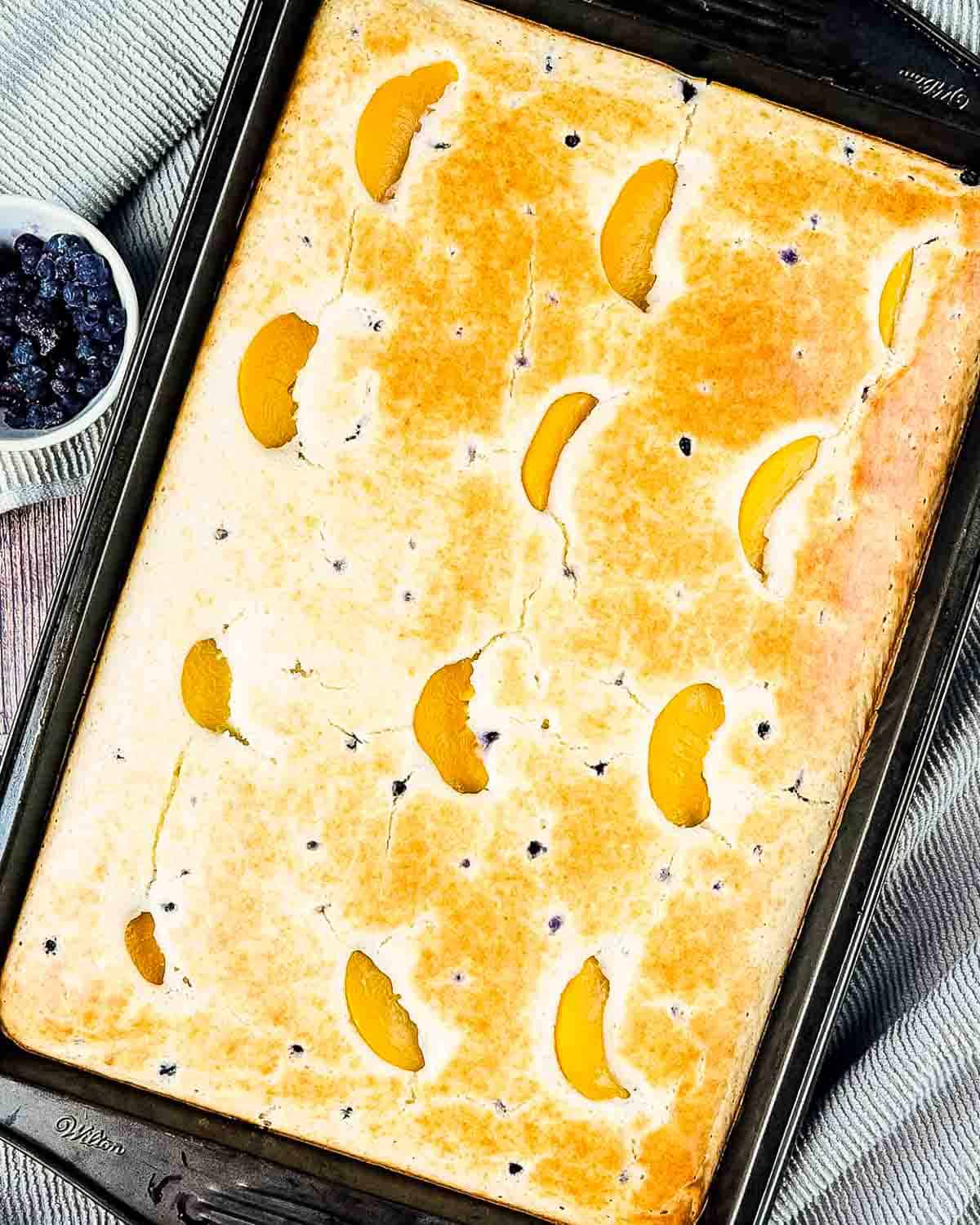The golden brown sheet pan pancakes after they come out of the oven.