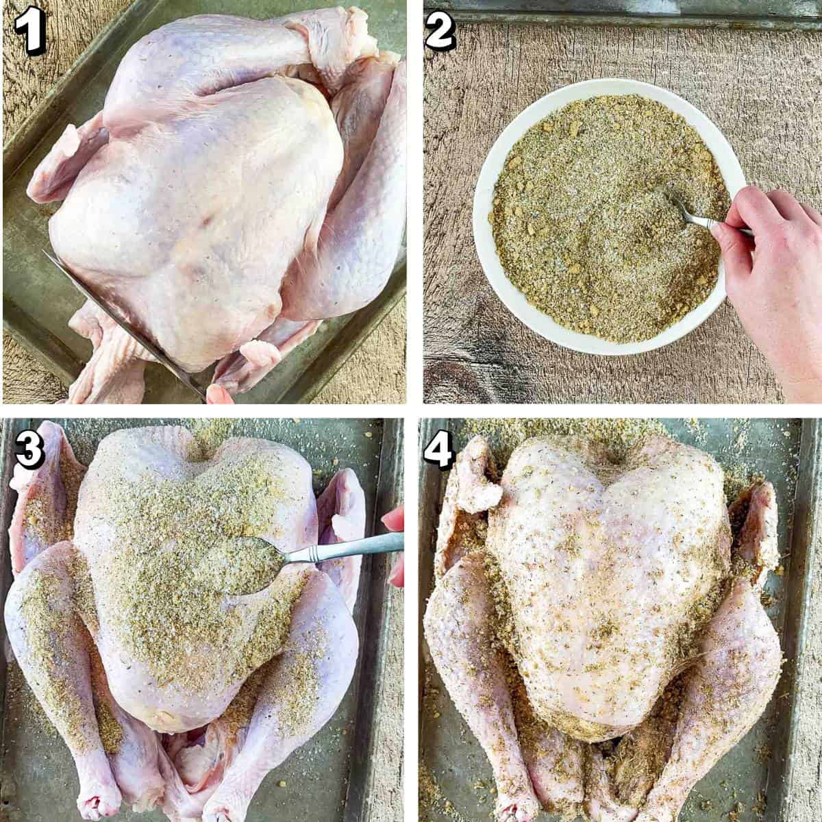 A collage of process shots for smoking a whole turkey in an electric smoker. These are pictures of dry brining the bird.