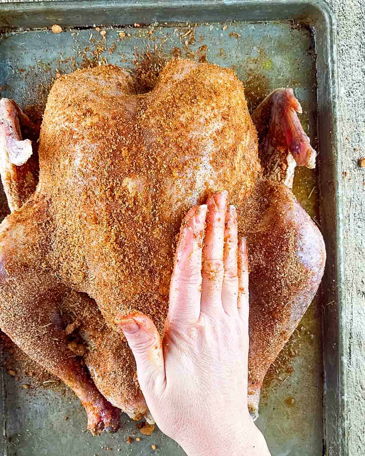 A hand rubbing the seasoning onto the outside of the turkey.