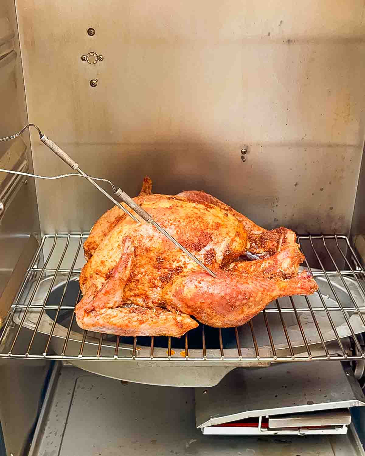 The seasoned whole turkey on the grill grate of an electric smoker with a temperature probe inserted.