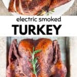 A juicy smoked turkey on a serving platter, garnished with a sprig of fresh rosemary.