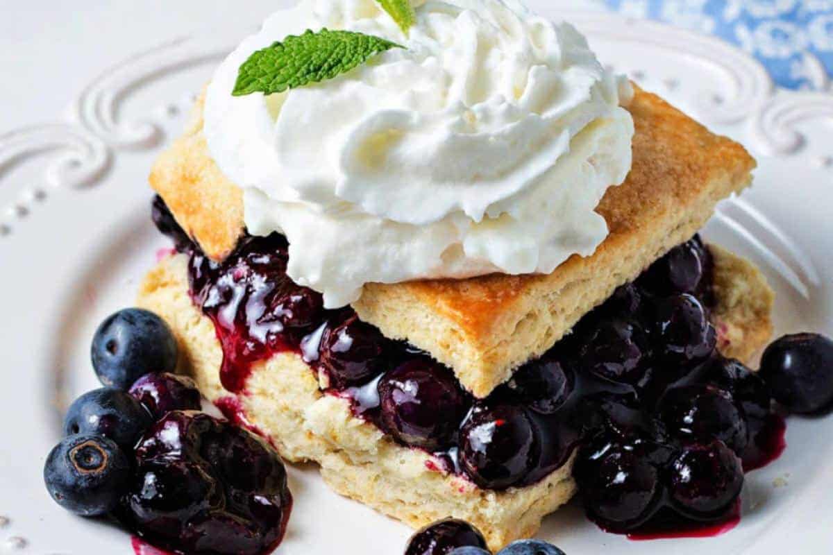 A serving of Fresh Blueberry Shortcake, with a golden, sweet biscuit layered with rich, homemade blueberry sauce and topped with a fluffy dollop of whipped cream, arranged elegantly on a dessert plate.