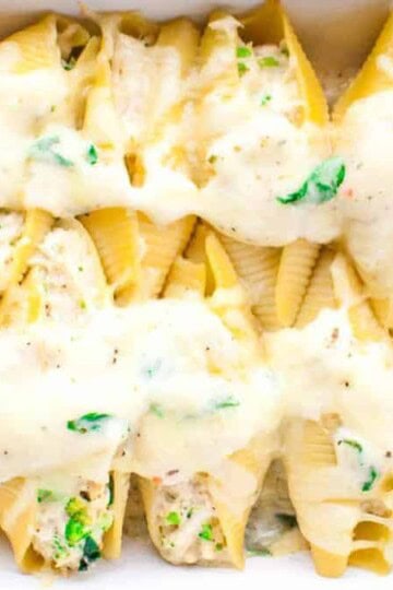 A baking dish filled with chicken Alfredo stuffed shells topped with melted cheese and fresh parsley.