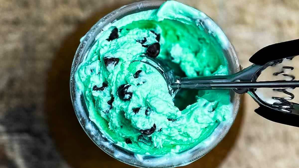An ice cream scoop scooping up a scoop of mint chocolate chip ice cream from the pint jar.