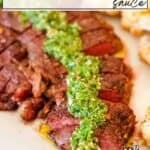 Basil chimichurri sauce served on a grilled steak.