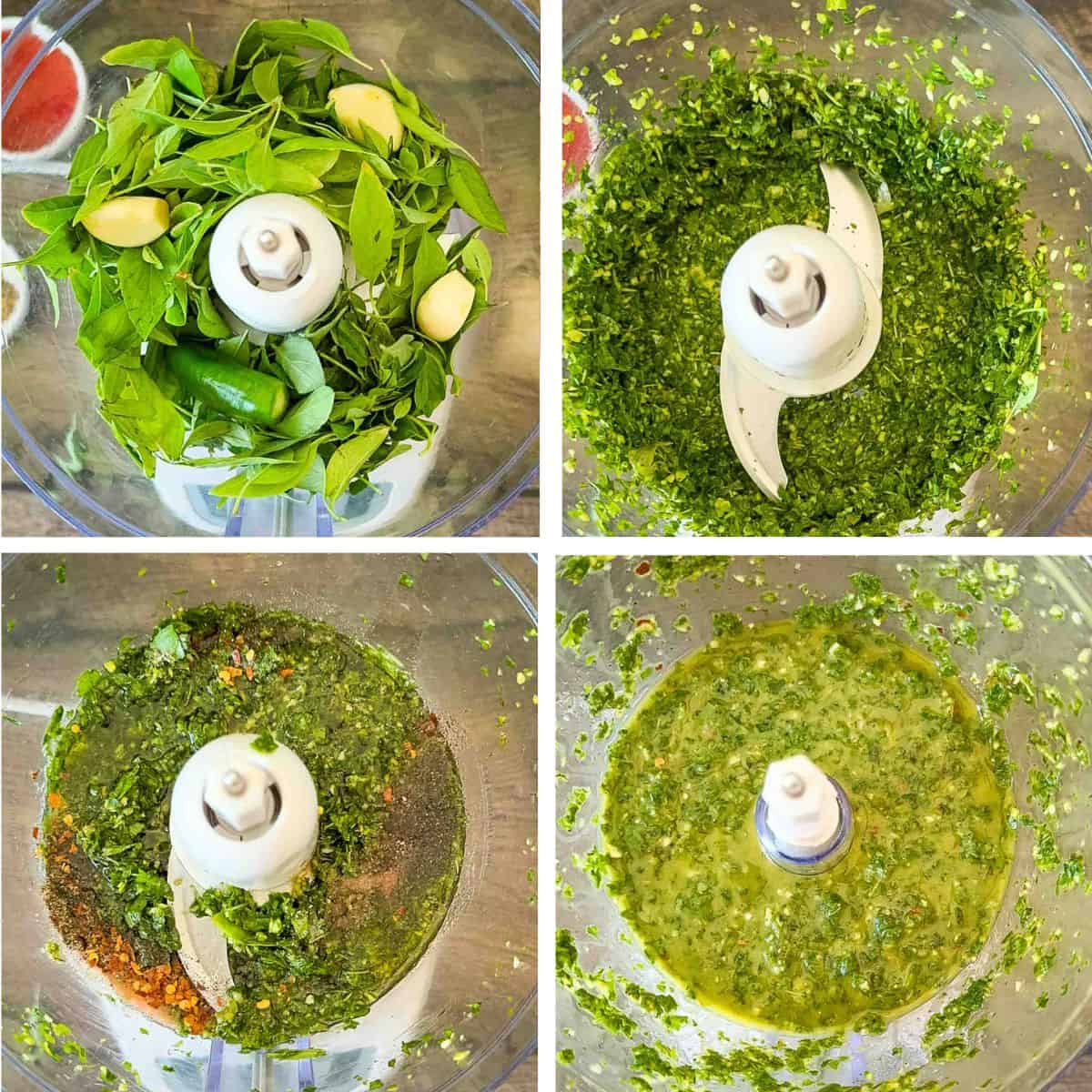 A collage of process shots showing how to make the chimichurri sauce in a food processor.