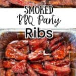 A foil pan filled with smoked BBQ party ribs, ready to be served after being glazed to perfection.