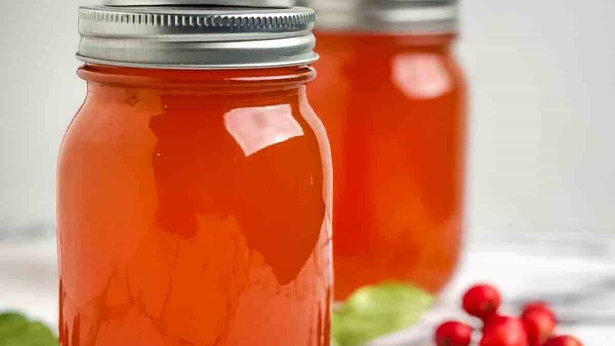A canning jar filled with flavorful crabapple syrup.
