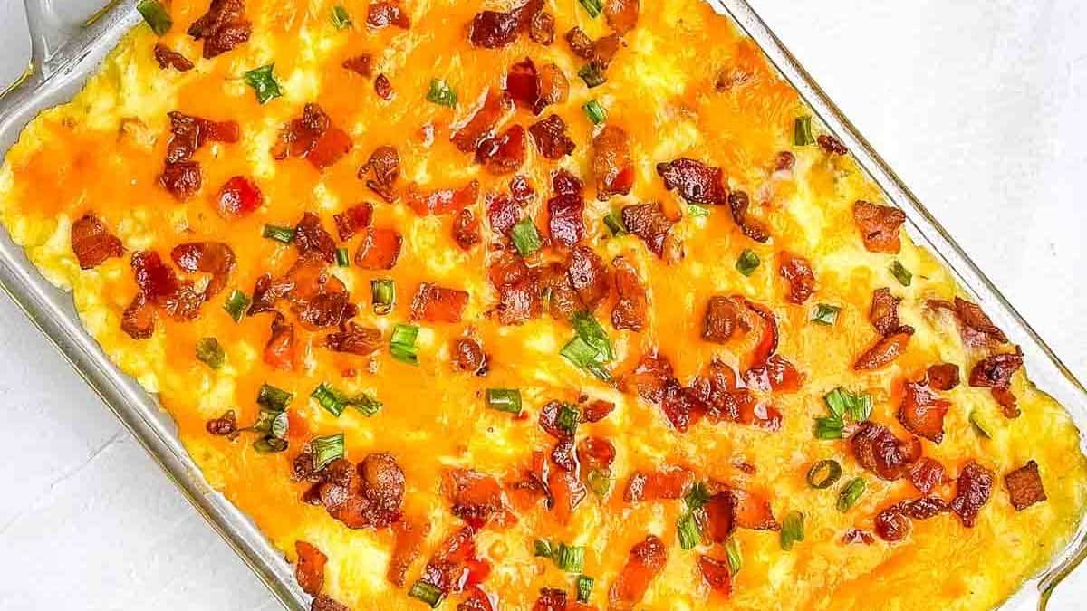 The make ahead baked potato casserole on a white countertop.