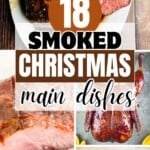 Collection of smoked holiday main dishes including perfectly cooked prime rib, whole turkey, and glazed smoked ham.