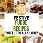 A collate of assorted squares of colorful holiday fudge arranged on a festive platter, featuring varieties like chocolate walnut, peppermint swirl, and cranberry pistachio, decorated with Christmas sprinkles and toppings.