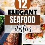 Collection of elegant seafood dishes including glazed salmon, bacon-wrapped scallops, and creamy fish entrees.