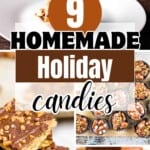 Collection of homemade Christmas candies including chocolate peppermint bark, peanut butter fudge, Christmas crack, and various fudge varieties.