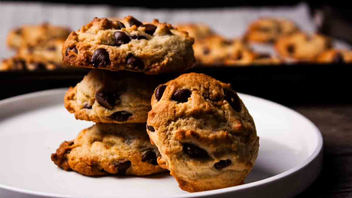Homemade Sourdough Discard Chocolate Chip Cookies on dessert plate.