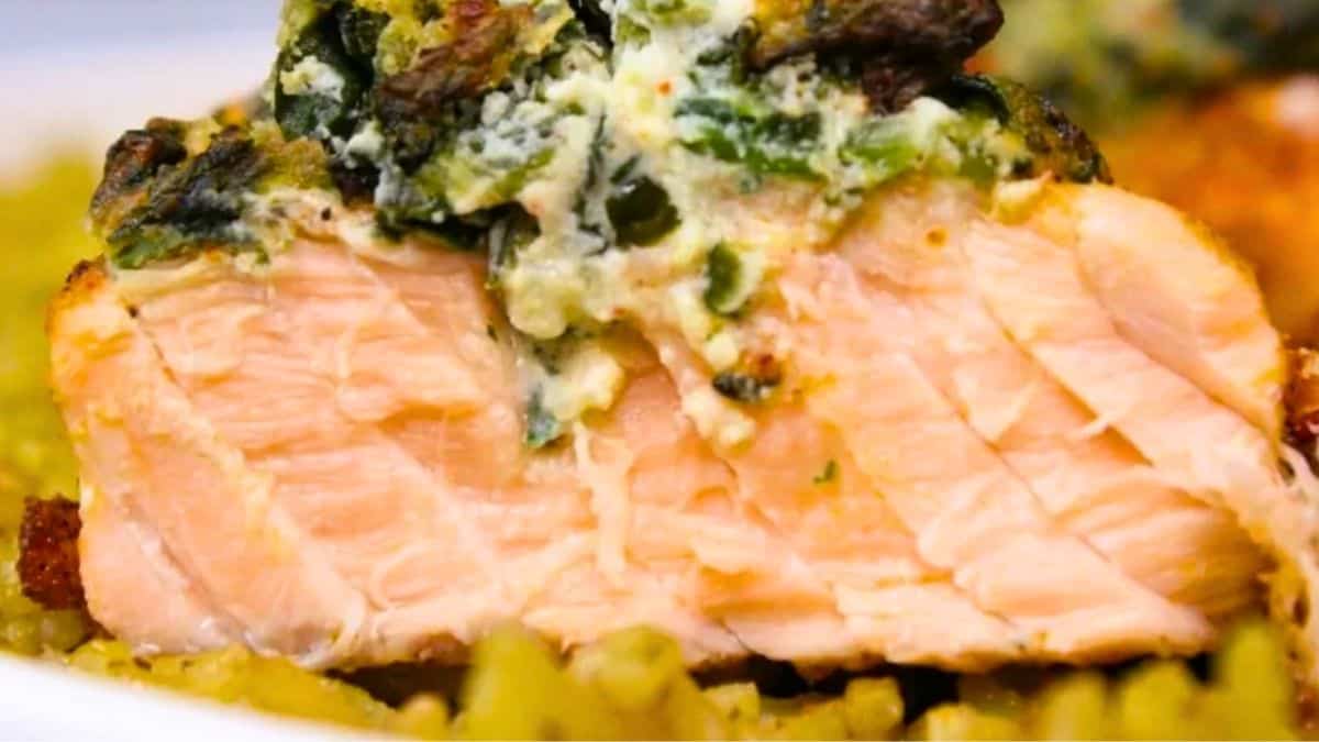Tender salmon fillets stuffed with Boursin and fresh spinach.