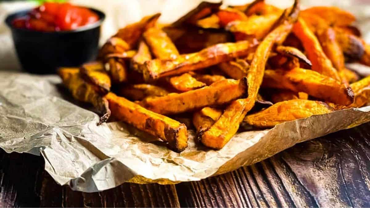 Golden sweet potato fries with crispy edges.