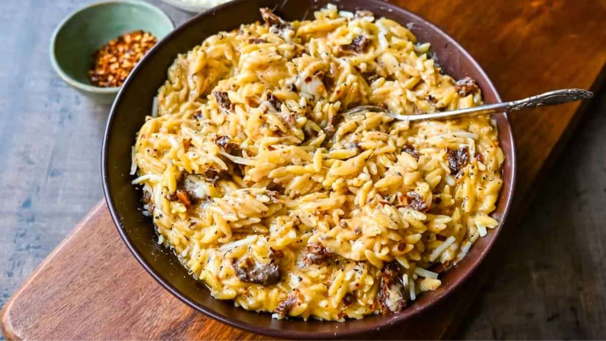 Creamy orzo pasta with Boursin and sweet sun-dried tomatoes.