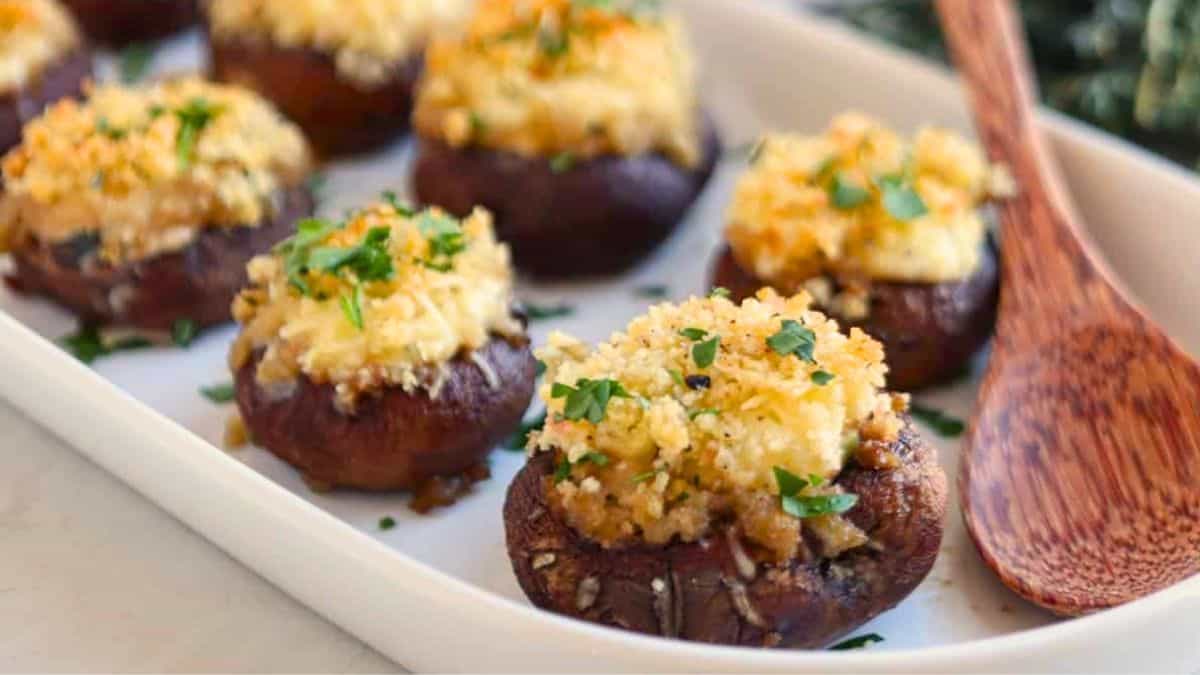 Mushroom caps filled with seasoned Boursin cheese.