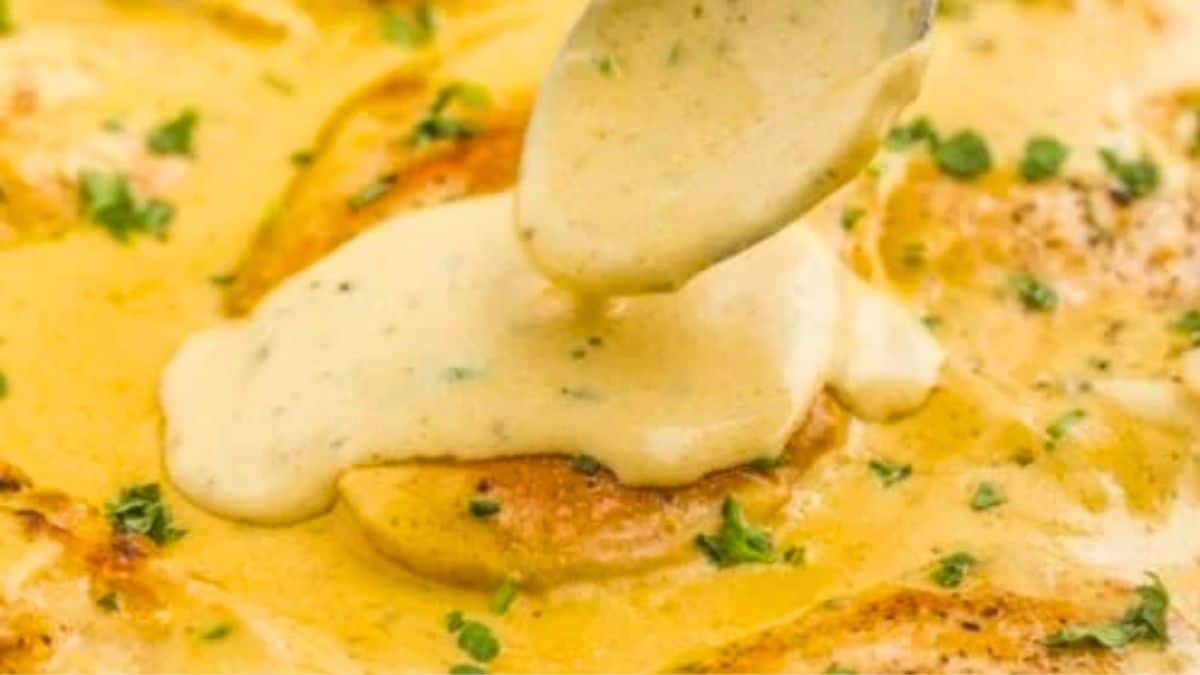 Chicken breasts smothered in creamy Boursin cheese sauce on a dinner plate.