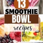 Collection of colorful smoothie bowls featuring vibrant bases from pink strawberry to blue spirulina, topped with fresh fruits, granola, and seeds, arranged to show variety of textures and toppings.