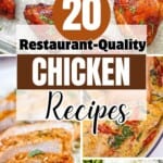 Collage of four chicken dishes including crispy air fryer chicken, creamy tuscan chicken, smoked BBQ chicken, and chicken alfredo pasta in white bowls and platters.