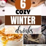 Collection of steaming winter beverages including lattes, mochas, and ginger tea, topped with whipped cream and seasonal garnishes.