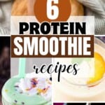 Collection of colorful protein smoothies ranging from purple berry to green spinach, showcasing varied textures and garnishes in clear glasses.