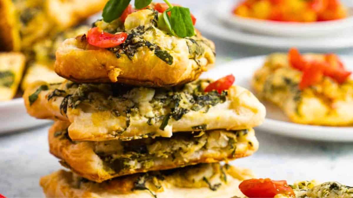 Flaky pastry cups filled with creamy Boursin, spinach, and feta.