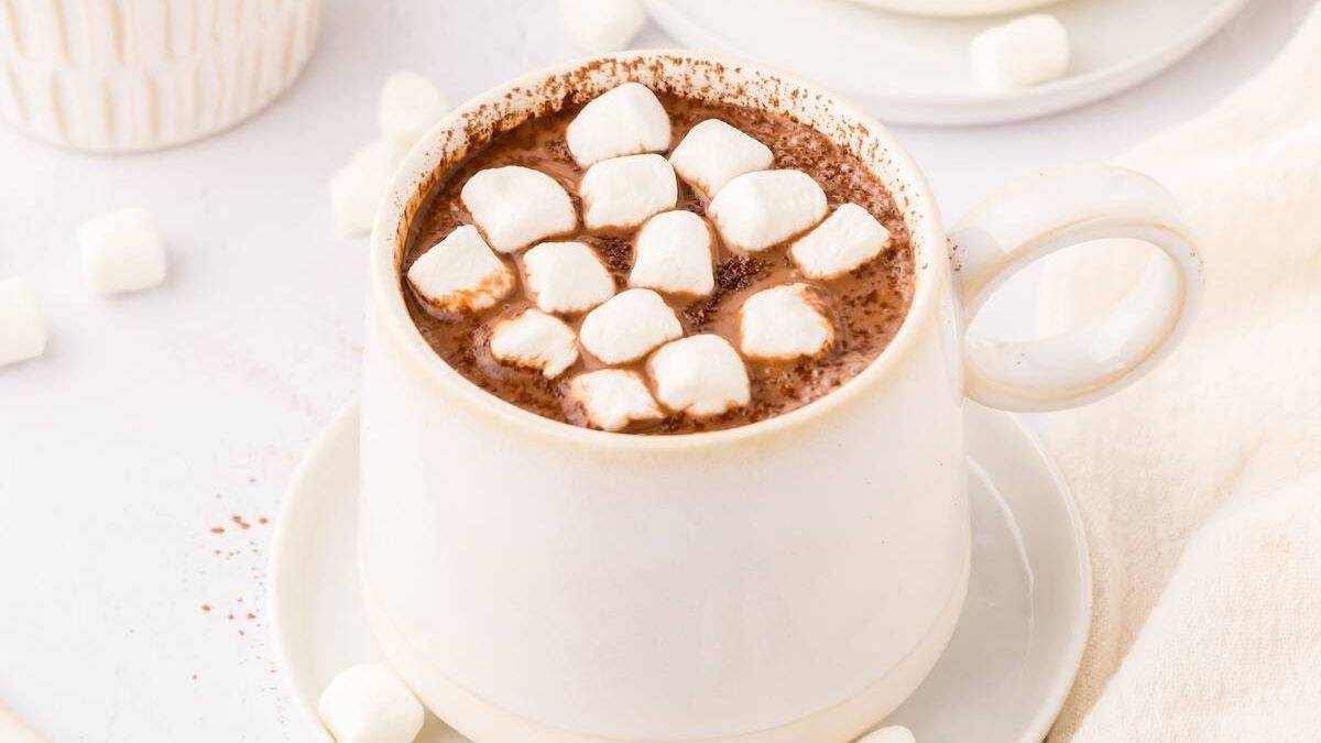 Simple homemade hot chocolate topped with mini marshmallows, served in a classic white mug.