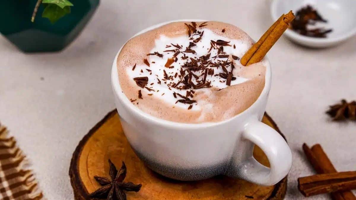 Spiced hot chocolate with whipped cream, chocolate shavings, and a cinnamon stick.