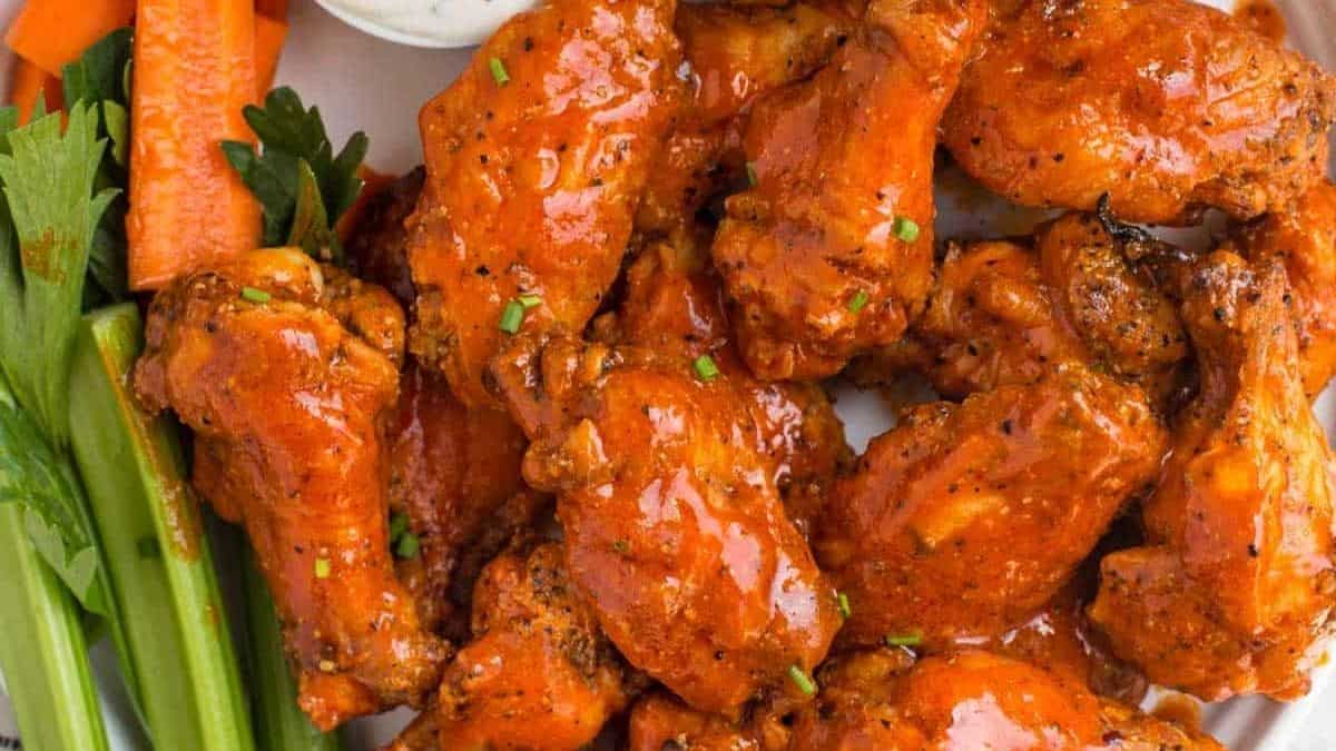 Charred wings with bright orange buffalo sauce on a platter with carrot and celery sticks.