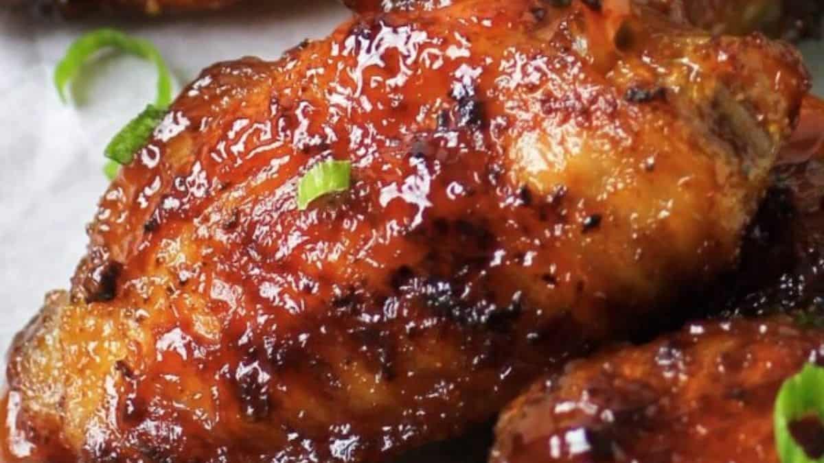 Sticky amber-colored wings glazed with honey bourbon sauce.