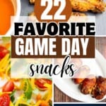 Collage of game day appetizers including chicken wings, taco dip, armadillo eggs, and smoked shotgun shells on various serving platters.
