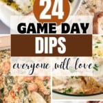Collection of colorful party dips including cheese dip, ricotta dip, beef enchilada dip, and shrimp dip arranged on wooden table with chips and vegetables for game day entertaining.