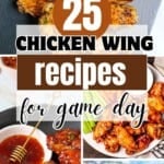 Collage of crispy chicken wings including buffalo, Asian-style, BBQ and garlic parmesan variations arranged on rustic platters with dipping sauces and garnishes.