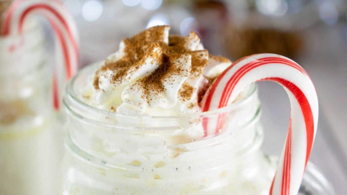 Creamy white hot chocolate topped with vanilla whipped cream and cinnamon, garnished with a candy cane.