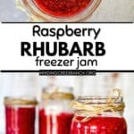 Homemade raspberry rhubarb jam in a glass jar with raspberries and chopped rhubarb scattered nearby, perfect for spreading on toast or adding to yogurt.