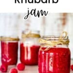 Spoonful of ruby-red raspberry rhubarb jam hovering over a jar, showing its perfect thick consistency with visible fruit pieces.