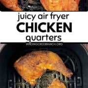 Crispy chicken leg quarters in an air fryer basket.
