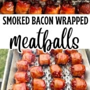 Glazed bacon wrapped smoked meatballs ready to serve on a grilling tray.