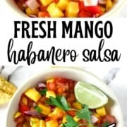Overhead photo of mango habanero salsa in a bowl with tortilla chips around it.