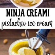 Two images of creamy pistachio ice cream in a serving bowl.
