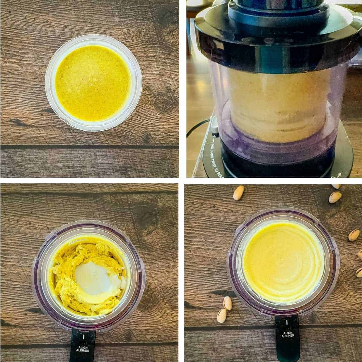 Step-by-step photos showing frozen pistachio mixture in a Ninja Creami container, being processed, re-spun, and smoothed after mixing, with pistachios on the side.