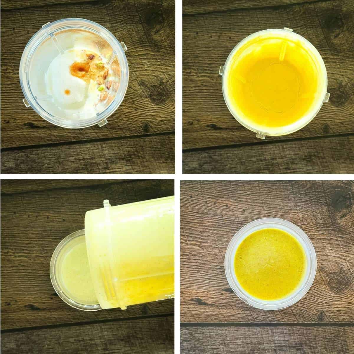 Four pictures showing how to make the base for the pistachio ice cream.