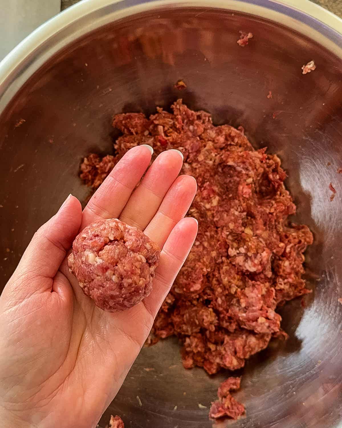A shaped meatballs in Jeri's hand, demonstrating how big to make them.