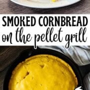 Smoked cornbread in a cast iron skillet with a golden crust and tender crumb, cooked on a pellet grill.