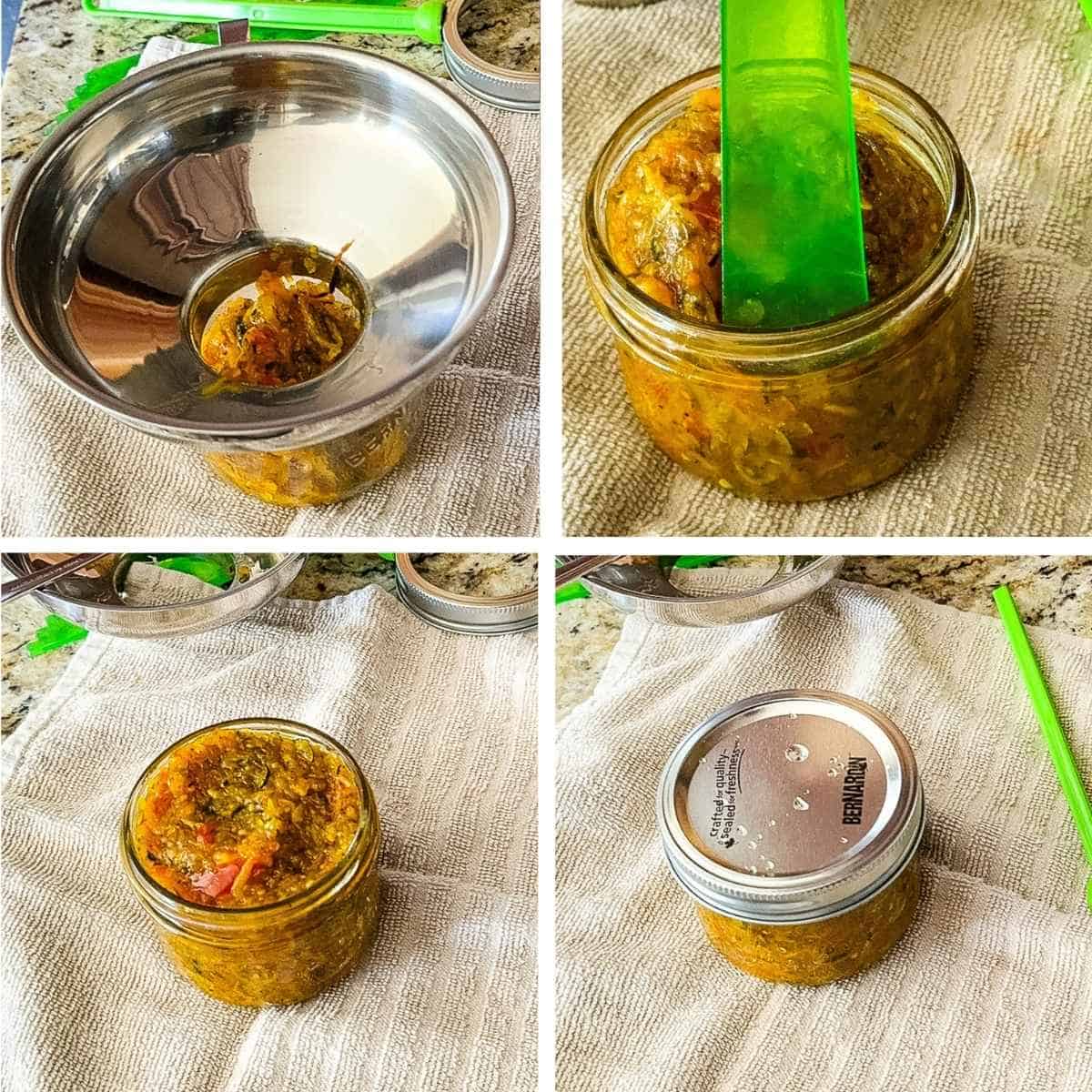 Step-by-step photos showing how to fill canning jars with zucchini relish: using a funnel to add relish, removing air bubbles with a green canning tool, checking headspace, and sealing with a metal lid and band.